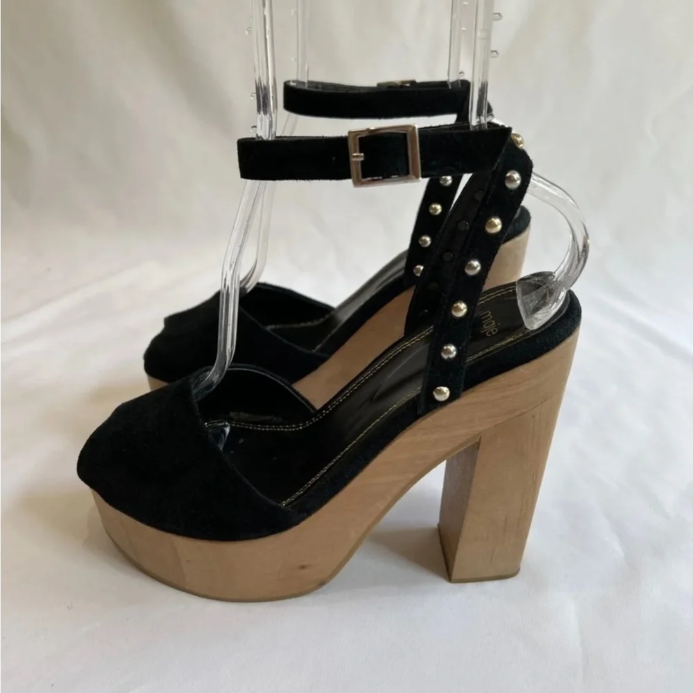 Maje Black Suede High Heels Women's EU 40 US 9‎ Open Toe Platform Block Studded
